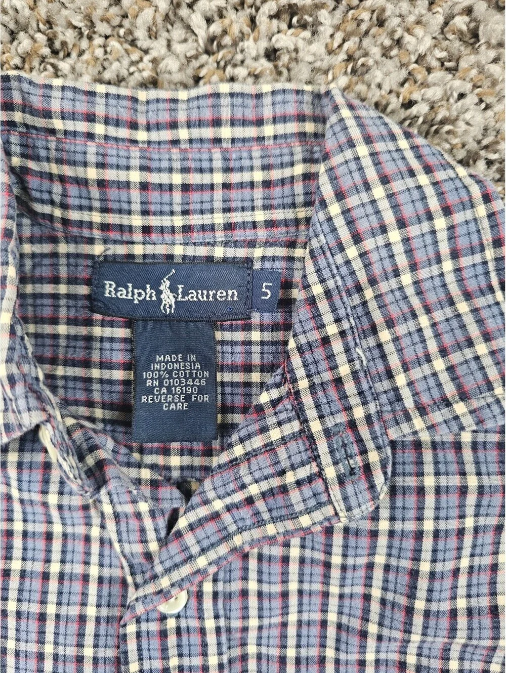 Vtg Ralph Lauren Boys Sz 5 Short Sleeve Button Up Plaid Shirt Blue Cotton
